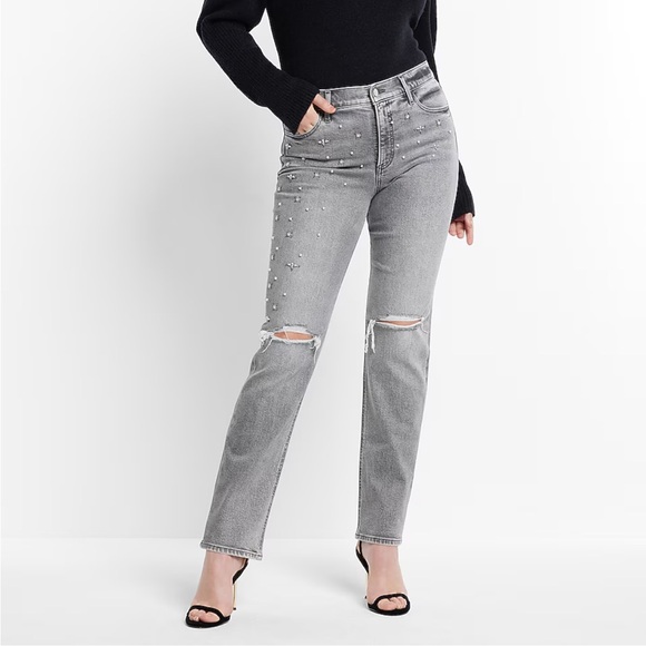 Express High Waisted Ripped Pearl Embellishment Modern Straight Jeans - Picture 1 of 16